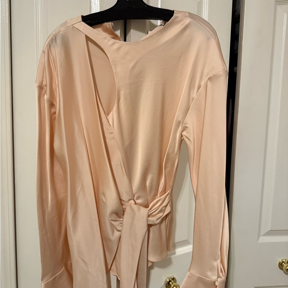 Chic Blush Satin Wrap Blouse